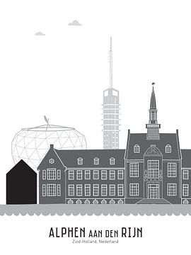 Skyline illustration Alphen aan den Rijn in black-and-white-grey by Mevrouw Emmer