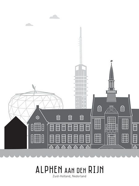 Skyline illustration Alphen aan den Rijn in black-and-white-grey by Mevrouw Emmer