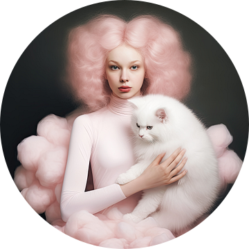 Vrouwenportret roze suikerspin vrouw en fluffy kat van Vlindertuin Art