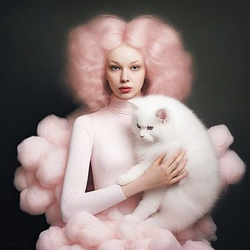 Vrouwenportret roze suikerspin vrouw en fluffy kat van Vlindertuin Art
