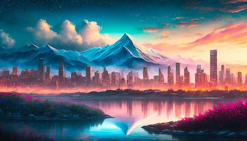 Skyline met berg en zonsondergang