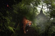 Tijger in de jungle met lianen, planten, bomen een aap en een papegaai van Leon Brouwer thumbnail