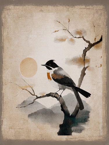 Japandi landschap met Japanse vogel op boomtak