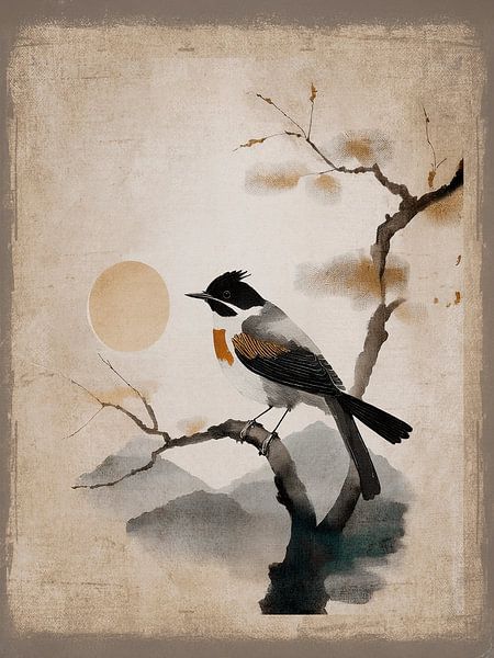 Japanese landscape with Japanese bird on tree branch by Studio Pieternel