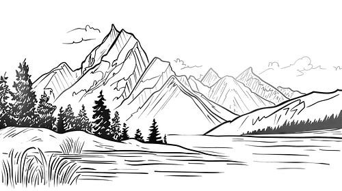 Peaceful mountain landscape in black and white