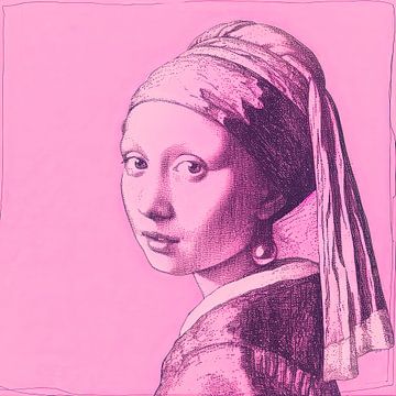 Roze pentekening Meisje met de Parel van Vlindertuin Art