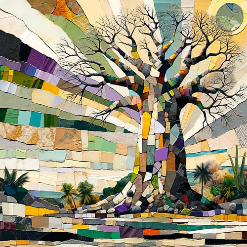 Collage baobabboom in lila en geel