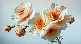 Eine Blumenskulptur aus weißen und zart orangefarbenen Blüten. von J.a Dijkstra