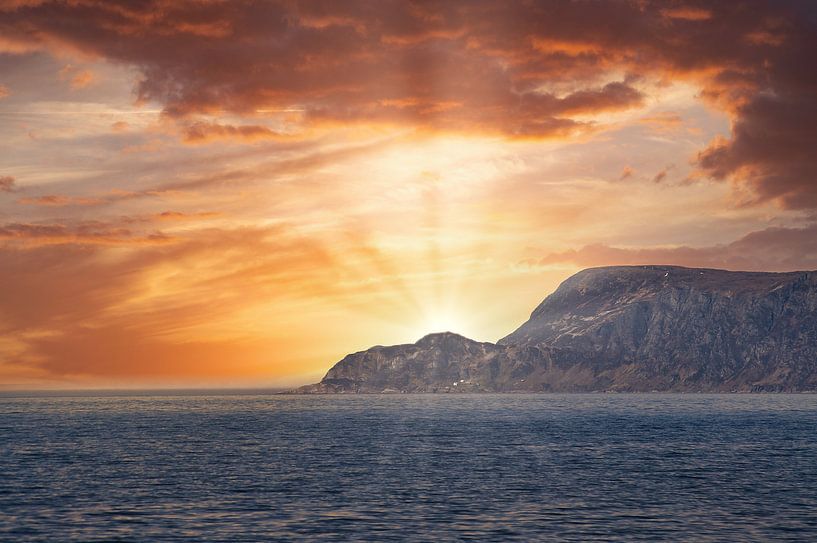 Western Cape in Norway. Fjord and sea with sunset and mountains on the coast by Martin Köbsch