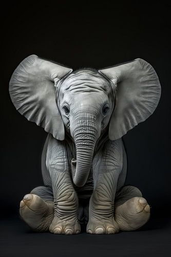 Éléphant assis dans Nuances de gris - fine art