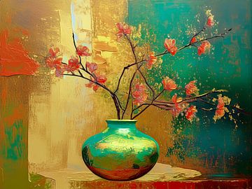 Unique painterly still life in warm gold and green colours