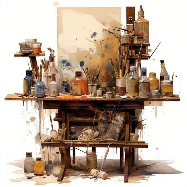 Arbeitsplatz Maler Chaos Staffelei Farben Töpfe Gläser Pinsel Skizzen von gm_designs