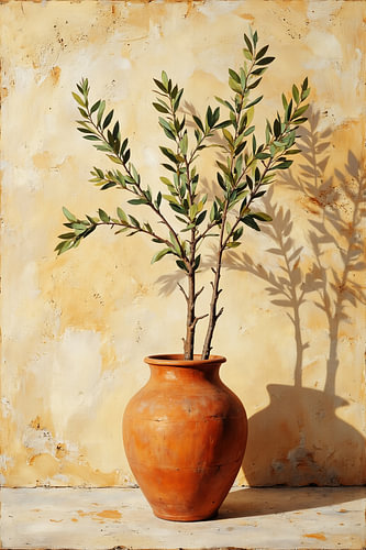 Mediterranean still life – Olive branch in earthenware, often
