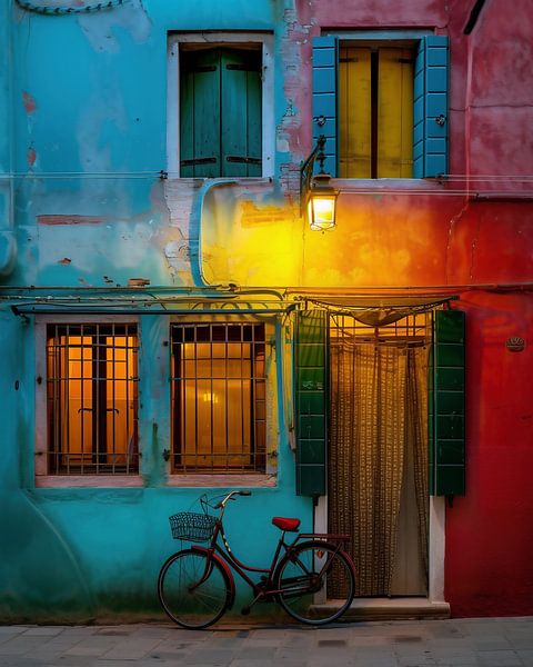 Achtergrond van stad, kleurrijke fiets van fernlichtsicht