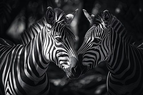 Photo en noir et blanc de deux zèbres dans une forêt