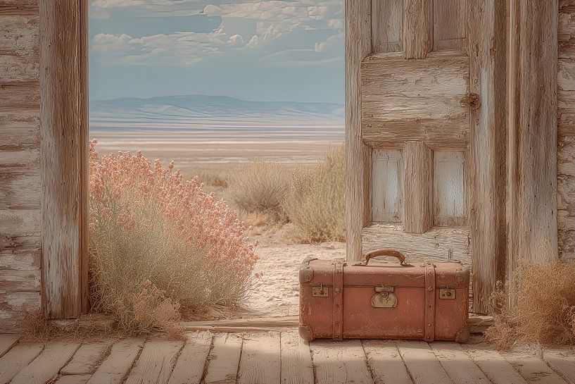 Der Koffer an der alten Tür - Nostalgisches Foto voller Reiseerinnerungen von BowiScapes Abstrakt und digitale Kunst