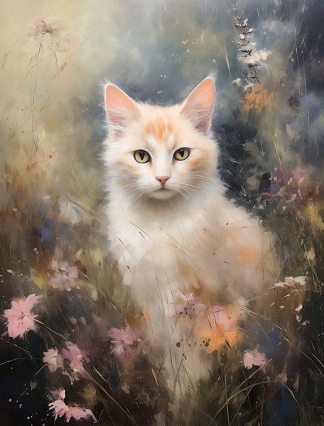 Lichtoranje-Witte Kat in Mystieke Bloementuin van Emil Husstege