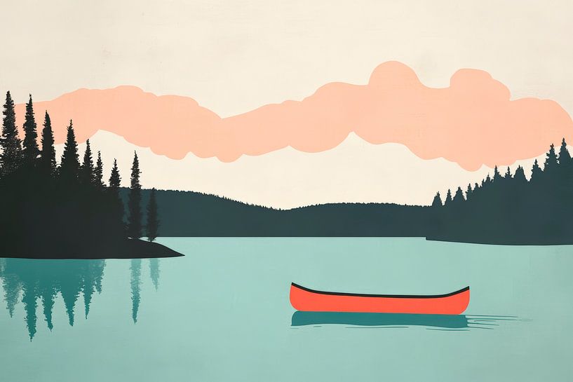 Tranquil lake landscape with red canoe by Poster Art Shop