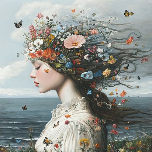 Femme Profil latéral Floral Mer sur Peintures accrocheuses