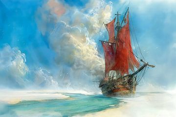 Schilderij van een groot zeilschip met rode zeilen, gestrand op een zandbank. van Peter Pen tekeningen en schilderijen