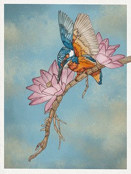 Watercolour kingfisher with water lilies by Marjolein Fortuin