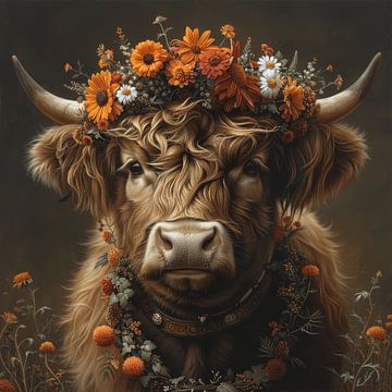 Vache Highland couronnée de fleurs - Une œuvre d'art charmante pour les amoureux de la nature sur Felix Brönnimann
