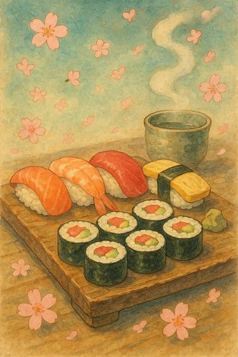 Sushi poster in anime stijl - Japanse eetkunst met kersenbloesems