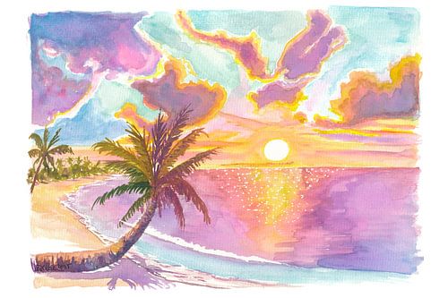 Paradise coast of Rangiroa Tuamotu French Polynesia with swaying palm tree