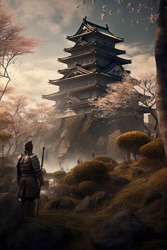 Samurai | paysage avec château et arbres en fleurs 9 sur Digitale Schilderijen