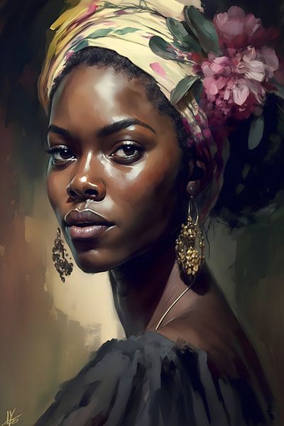 Beautiful woman of colour with colourful yellow headband by Steinfox Art
