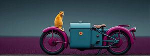 Der rote Kater auf Roadtrip – Retro-Motorrad in Lila