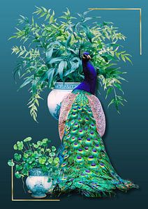 Peacock with porcelain vases