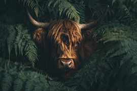 Scottish Highland cow amidst ferns: a mystical nature portrait by Eva Lee