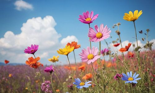 A field of flowers with a blue sky in the background