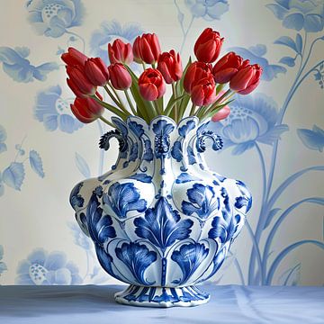 Tulpenpracht in Delfts blauwe keramiek van Vlindertuin-Art
