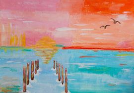 Coucher de soleil coloré au bord de la mer (peinture joyeuse réalisée à l'acrylique) sur Birgitte Bergman