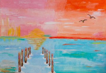 Coucher de soleil coloré au bord de la mer (peinture joyeuse réalisée à l'acrylique) sur Birgitte Bergman