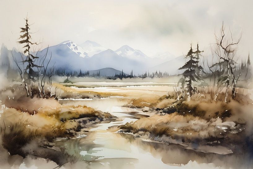 Aquarellen Landschap Alaska van NJ Midnight Studio