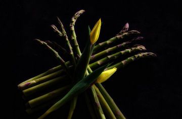 Blumenarrangement mit Tulpen und grünem Spargel von jacky weckx