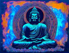 Boeddha in een blauw gouden gloed.