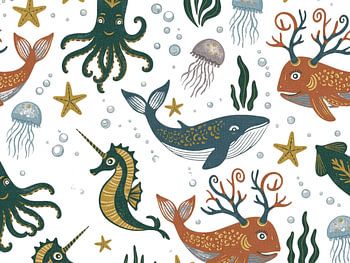 8. Mythisch Zeewezens Naadloos Patroon - Fantasie Oceaan Ontwerp
