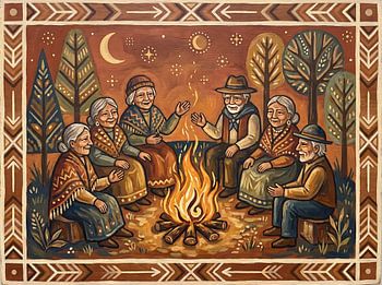 Folk Art Illustration of Seniors Storytelling Around a Campfire