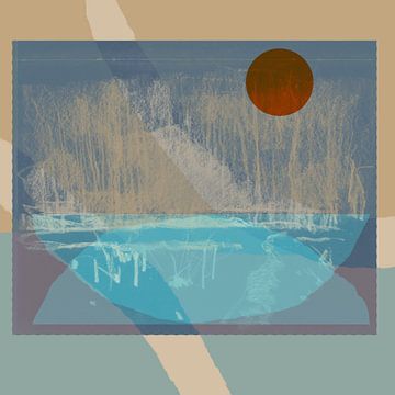 Moderne abstrakte Mixed Media Kunst. Collage mit einer Landschaft mit Bäumen in blau, lila, orange von Dina Dankers