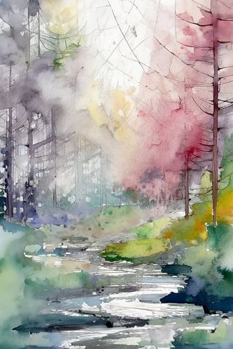 Bos in de ochtend in waterverf