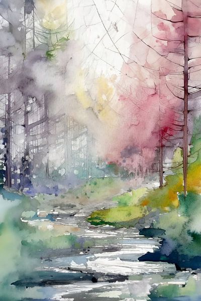Wald am Morgen in Aquarell von Evert Schiphuis