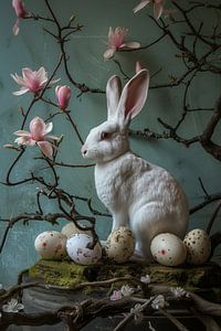 Lapin blanc avec oeufs et branches avec fleurs roses en nature morte