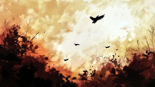 Zwerm vogels boven herfstbos