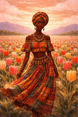 Afrikaanse vrouw in een tulpenveld – Levendige etnische portretkunst, bohemien wanddecoratie