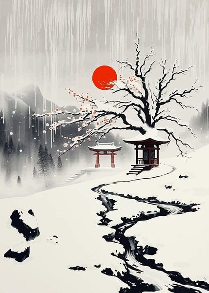 Winter Japanese Landscape with Red Sun by MIROKKU