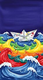 Paper Boat on Rainbow Waves – Colorful Ocean Illustration Poster